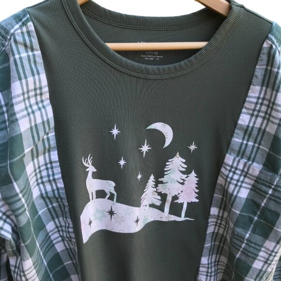 Flannel Shirt Upcycle, M-L: Reworked Oversized Pullover Sweatshirt, Winter Scene - Picture 10 of 12